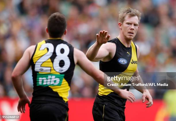 Jack Riewoldt of the Tigers \celebrates a goal with Jack Higgins of the Tigers during the 2018 AFL round seven match between the Richmond Tigers and...