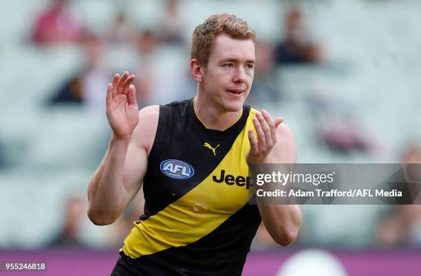 Jacob Townsend of the Tigers celebrates a goal during the 2018 AFL round seven match between the Richmond Tigers and the Fremantle Dockers at the...