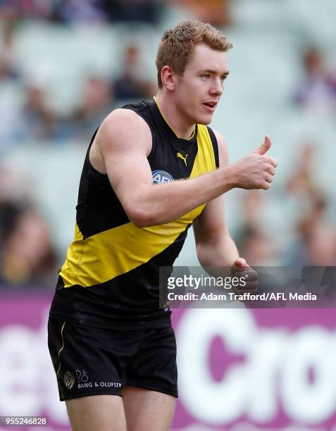 Jacob Townsend of the Tigers celebrates a goal during the 2018 AFL round seven match between the Richmond Tigers and the Fremantle Dockers at the...