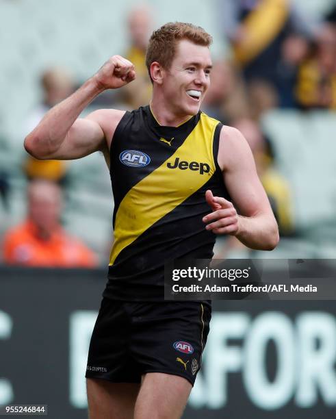 Jacob Townsend of the Tigers celebrates a goal during the 2018 AFL round seven match between the Richmond Tigers and the Fremantle Dockers at the...