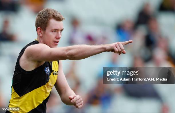 Jacob Townsend of the Tigers celebrates a goal during the 2018 AFL round seven match between the Richmond Tigers and the Fremantle Dockers at the...