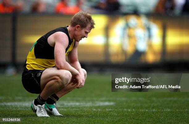 Jack Riewoldt of the Tigers catches his breath during the 2018 AFL round seven match between the Richmond Tigers and the Fremantle Dockers at the...