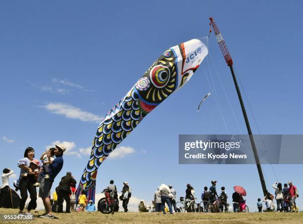 People look at a 100-meter-long "koinobori" carp windsock hoisted by a crane in Kazo, Saitama Prefecture, north of Tokyo, on May 4, 2018. ==Kyodo