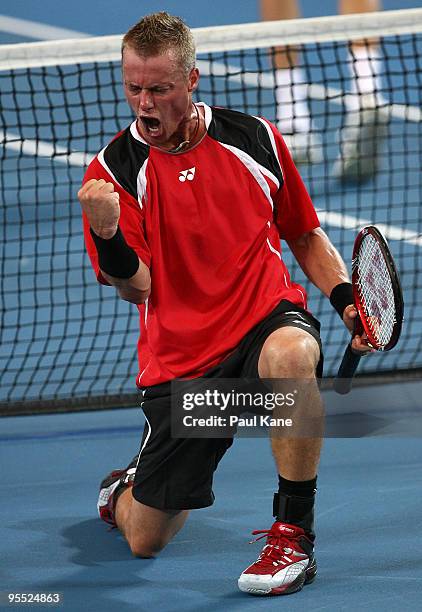 Lleyton Hewitt of Australia celebrates a point in his/her match against Victor Hanescu of Romania in the Group A match between Australia and Romania...