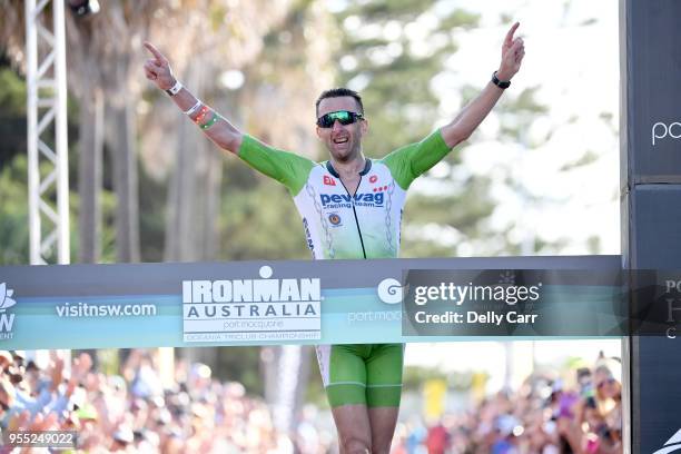 Marino Vanhoenacker of Belgium wins the elite male division of Ironman Australia on May 6, 2018 in Port Macquarie, Australia.