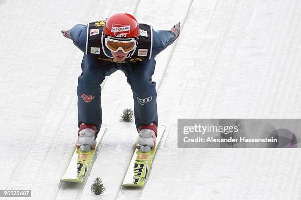 Pascal Bodmer of Germany competes during trial round of the FIS Ski Jumping World Cup event of the 58th Four Hills ski jumping tournament on January...
