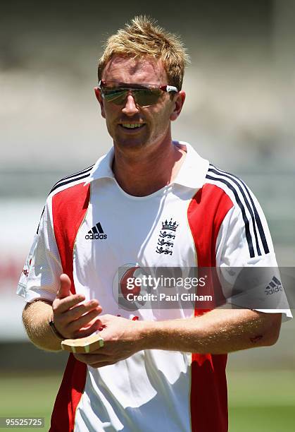 Paul Collingwood of England looks on during an England nets session at Newlands Cricket Ground on January 2, 2010 in Cape Town, South Africa.