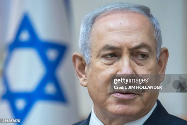 Israeli Prime Minister Benjamin Netanyahu chairs weekly cabinet meeting in Jerusalem on May 6, 2018. - Netanyahu spoke about an imminent visit to...