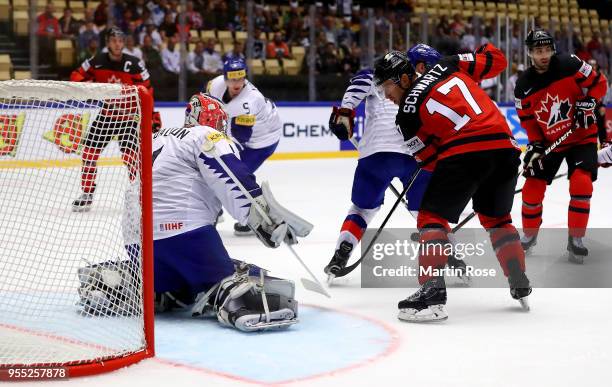 Matt Dalton, goaltender of Korea makes a save on Jaden Schwartz of Canada during the 2018 IIHF Ice Hockey World Championship group stage game between...