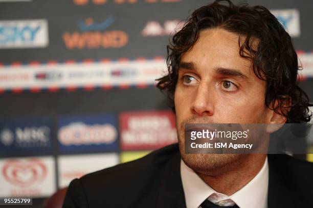 The new player of AS Roma Luca Toni speaks to the media during the press conference before the Friendly Match between Cisco and Roma at Stadio...