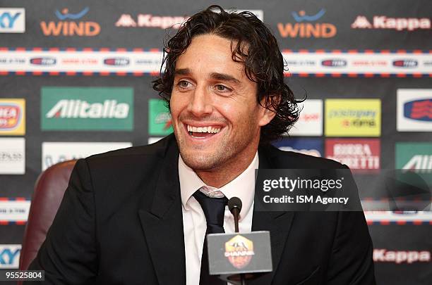 The new player of AS Roma Luca Toni smiles during the press conference before the Friendly Match between Cisco and Roma at Stadio Flaminio on January...