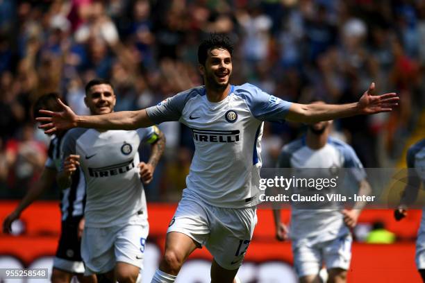 Andrea Ranocchia of FC Internazionale celebrates after scoring the opening goal during the serie A match between Udinese Calcio and FC Internazionale...