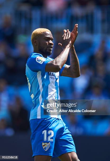 Brown Aide Ideye of Malaga CF reacts during the La Liga match between Malaga CF and Deportivo Alaves at Estadio La Rosaleda on May 6, 2018 in Malaga,...