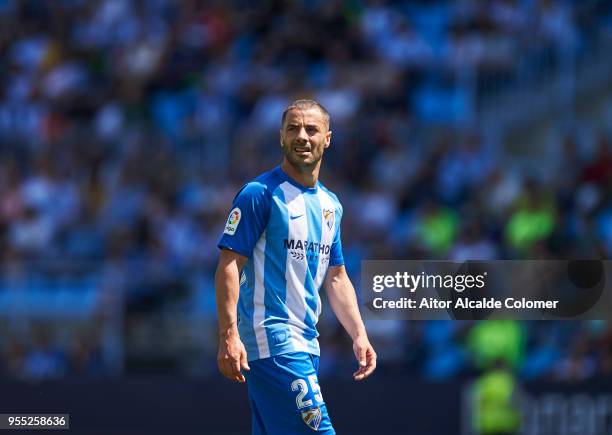 Medhi Lacen of Malaga CF looks on during the La Liga match between Malaga CF and Deportivo Alaves at Estadio La Rosaleda on May 6, 2018 in Malaga,...