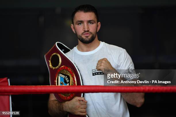 Hughie Fury poses during the public workout at the Macron Stadium, Bolton.