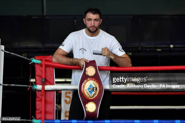 Hughie Fury poses during the public workout at the Macron Stadium, Bolton.