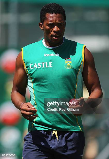 Makhaya Ntini of South Africa looks on during a South Africa nets session at Newlands Cricket Ground on January 2, 2010 in Cape Town, South Africa.