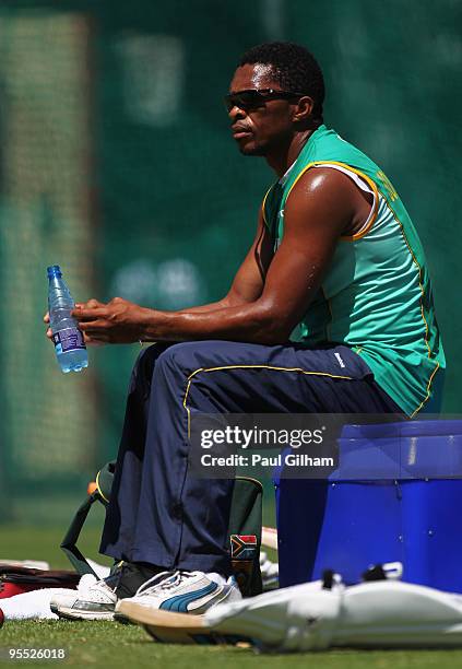 Makhaya Ntini of South Africa looks on during a South Africa nets session at Newlands Cricket Ground on January 2, 2010 in Cape Town, South Africa.