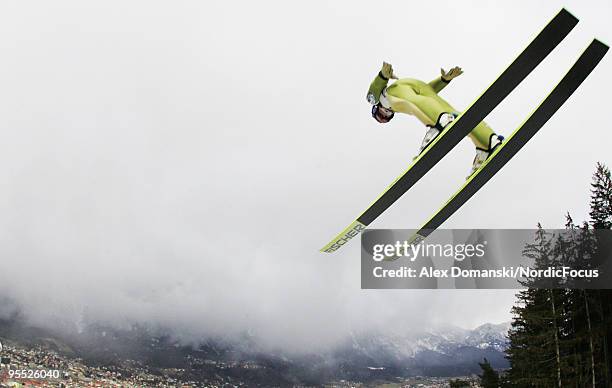 Thomas Morgenstern of Austria competes during trial round of the FIS Ski Jumping World Cup event of the 58th Four Hills ski jumping tournament on...