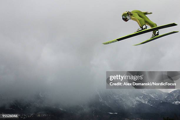 Thomas Morgenstern of Austria competes during trial round of the FIS Ski Jumping World Cup event of the 58th Four Hills ski jumping tournament on...