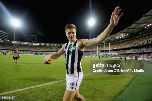 Jordan de Goey celebrates during the round seven AFL match between the Brisbane Lions and the Collingwood Magpies at The Gabba on May 6, 2018 in...