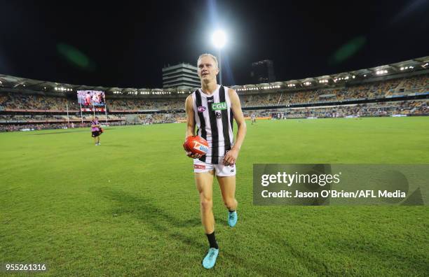 Jaidyn Stephenson of the Magpies celebrates during the round seven AFL match between the Brisbane Lions and the Collingwood Magpies at The Gabba on...