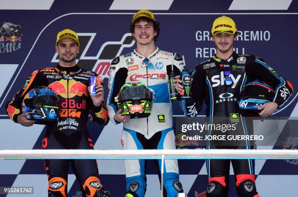 First placed Forward Team's Italian rider Lorenzo Baldassarri , second placed Leopard Racing's Portuguese rider Miguel Oliveira and third placed SKY...