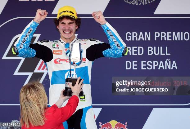 First placed Forward Team's Italian rider Lorenzo Baldassarri celebrates on the podium after the Moto2 race of the Spanish Grand Prix at the Jerez...