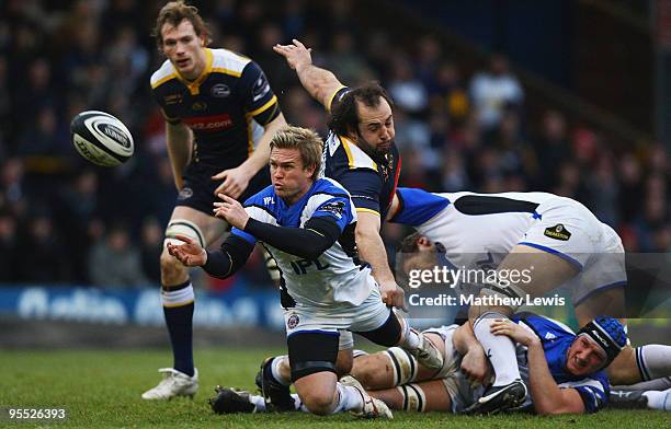 Michael Claasens of Bath passes the ball away during the Guinness Premiership match between Leeds Carnegie and Bath at Headingley Stadium on January...