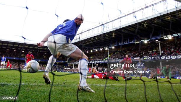 Kevan Hurst of Carlisle watches the ball after deflecting in teammate Adam Clayton's shot on goal during the third round match of The FA Cup,...