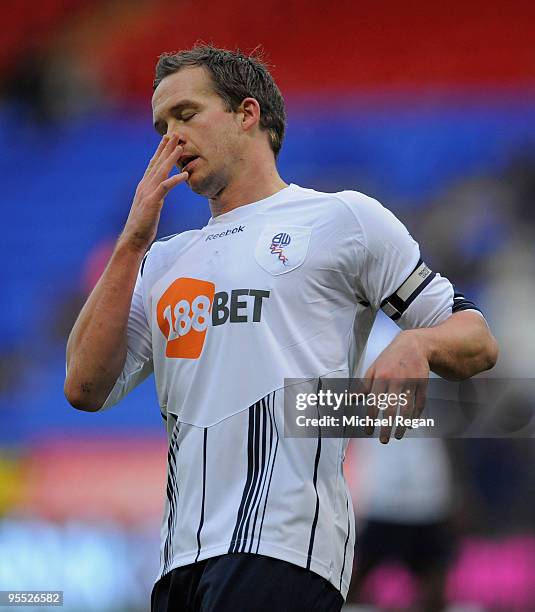 Kevin Davies of Bolton looks dejected after a missed chance during the FA Cup 3rd Round match between Bolton Wanderers v Lincoln City at the Reebok...