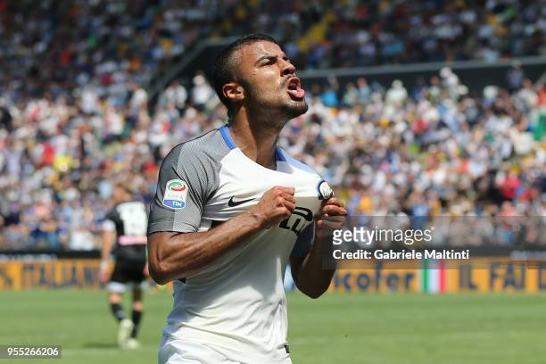 Rafinha of FC Internazionale celebrates after scoring a goal during the serie A match between Udinese Calcio and FC Internazionale at Stadio Friuli...