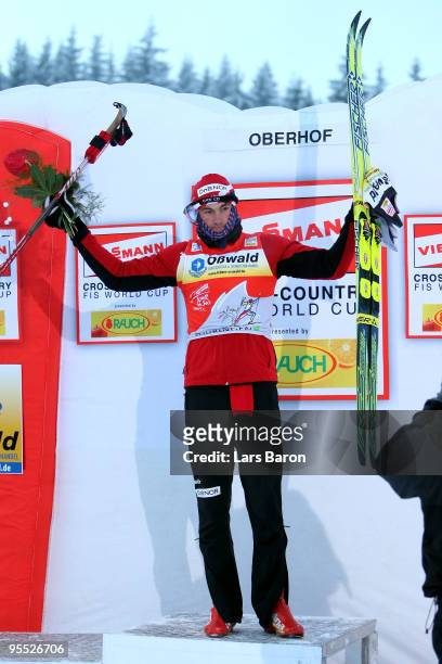 Petter Northug of Norway celebrates after winning the Men's 15km Pursuit of the FIS Tour De Ski on January 2, 2010 in Oberhof, Germany.