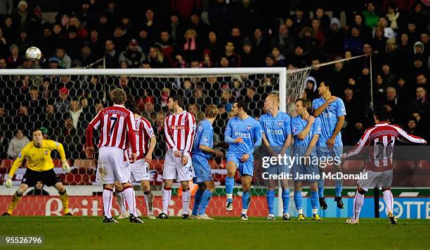 Matthew Etherington of Stoke City scores during the FA Cup sponsored by E.ON 3rd Round match between Stoke City and York City at the Britannia...