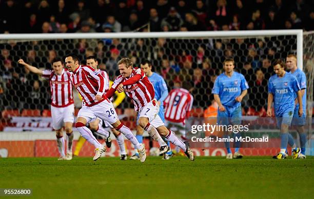 Matthew Etherington of Stoke City celebrates his goal during the FA Cup sponsored by E.ON 3rd Round match between Stoke City and York City at the...