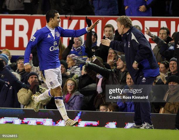 Tim Cahill of Everton celebrates with manager David Moyes during the third round match of The FA Cup, sponsored by E.ON, between Everton and Carlisle...