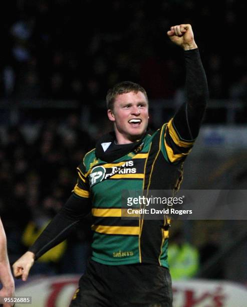 Chris Ashton of Northampton celebrates after scoring a last minute try during the Guinness Premiership match between Northampton Saints and London...