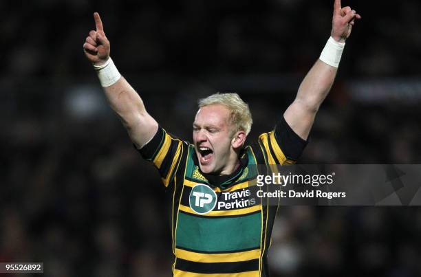 Shane Geraghty of Northampton celebrates after converting a last minute try by team mate Chris Ashton to win the the Guinness Premiership match...