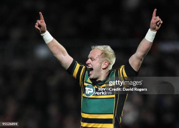 Shane Geraghty of Northampton celebrates after converting a last minute try by team mate Chris Ashton to win the the Guinness Premiership match...