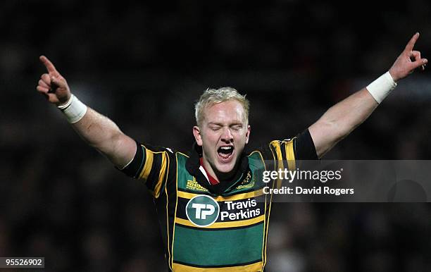 Shane Geraghty of Northampton celebrates after converting a last minute try by team mate Chris Ashton to win the the Guinness Premiership match...