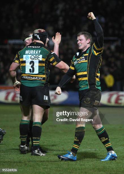 Chris Ashton of Northampton celebrates after scoring a last minute try during the Guinness Premiership match between Northampton Saints and London...