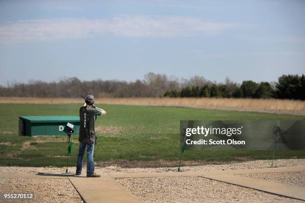 Junior Cody Adams of the Osage High School trap team competes in a match at the Mitchell County Trap Range on May 5, 2018 in Osage, Iowa. The Osage...