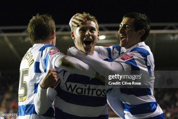 Simon Church of Reading celebrates scoring the first goal during the FA Cup 3rd Round match sponsored by e.on between Reading and Liverpool at the...