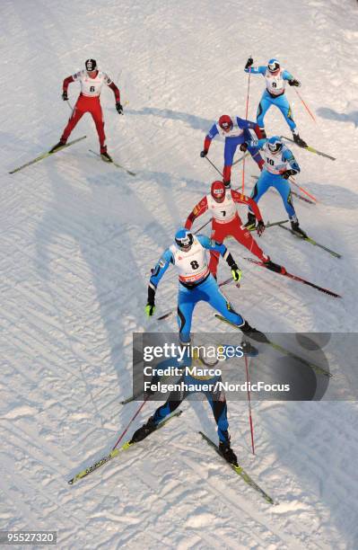 The top group, including Jason Lamy-Chappuis of France, Hannu Manninen of Finland and Johnny Spillane of the USA during the 10km Cross Country event...