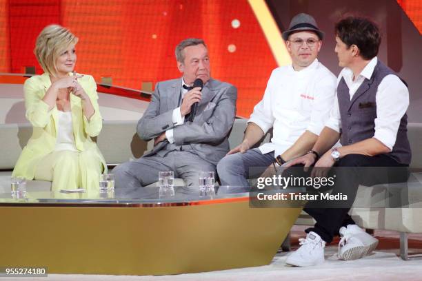 Carmen Nebel, Roland Kaiser, Mario Kotaska and Matze Knop during the tv show 'Willkommen bei Carmen Nebel' at Sachsen-Arena on May 5, 2018 in Riesa,...