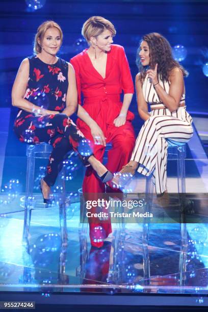 Caroline Beil, Anna Maria Zimmermann and Sarah Lombardi during the tv show 'Willkommen bei Carmen Nebel' at Sachsen-Arena on May 5, 2018 in Riesa,...