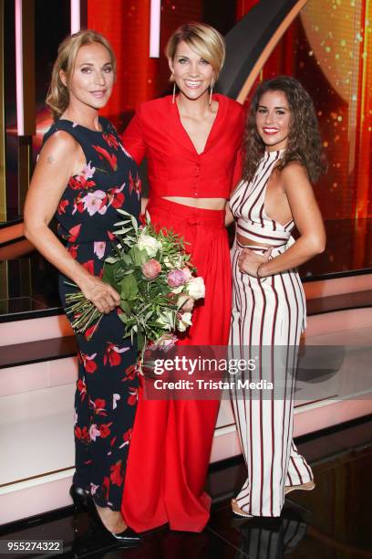 Caroline Beil, Anna Maria Zimmermann and Sarah Lombardi during the tv show 'Willkommen bei Carmen Nebel' at Sachsen-Arena on May 5, 2018 in Riesa,...