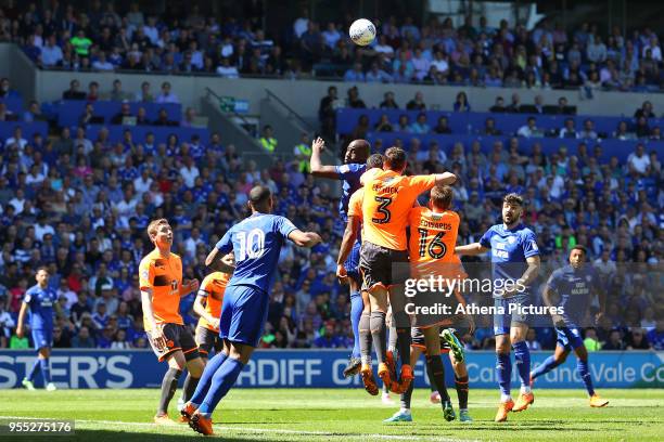 Sol Bamba of Cardiff City contends with Tommy Elphick of Reading for there aerial ball during the Sky Bet Championship match between Cardiff City and...