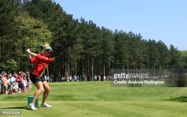 Charley Hull of England Women tees off on the 2nd hole during day two of the GolfSixes at The Centurion Club on May 6, 2018 in St Albans, England.