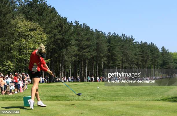 Charley Hull of England Women tees off on the 2nd hole during day two of the GolfSixes at The Centurion Club on May 6, 2018 in St Albans, England.